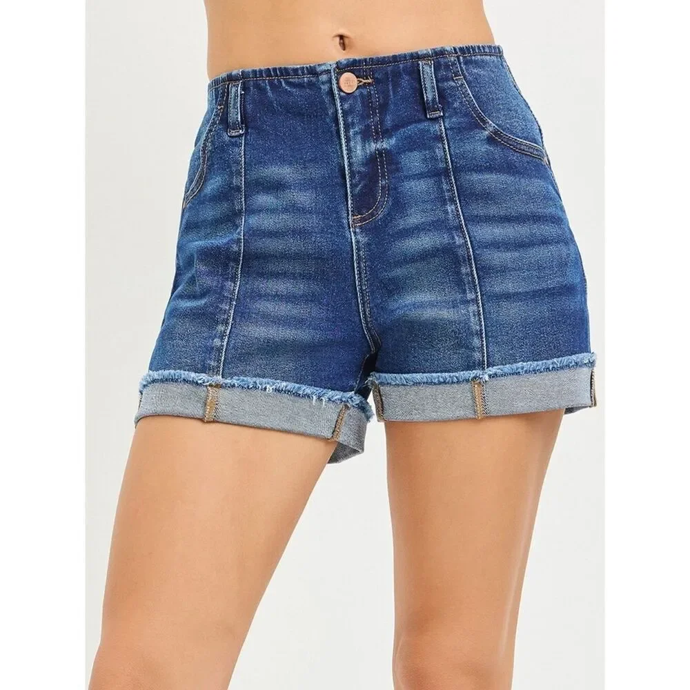RISEN Los Angeles Front Seam Jean Shorts High-Rise Rolled Hem